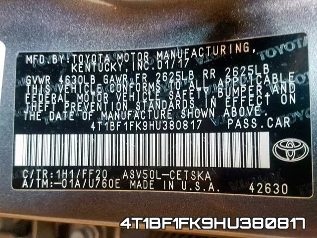4T1BF1FK9HU380817 фото 2