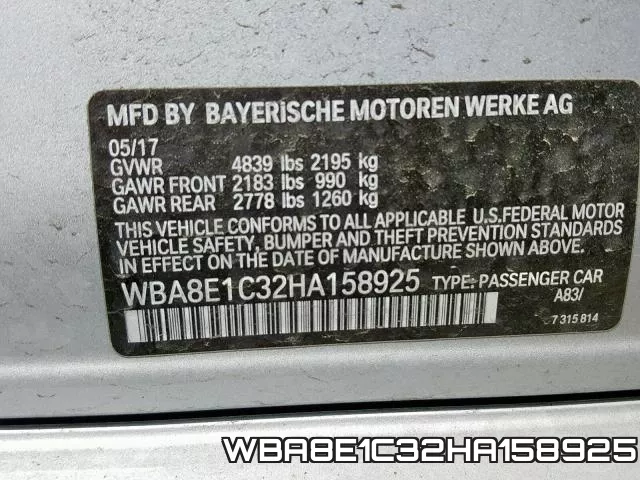 WBA8E1C32HA158925 фото 2