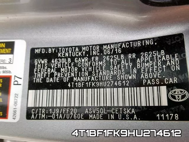 4T1BF1FK9HU274612 фото 2