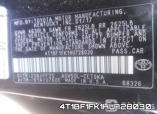 4T1BF1FK1HU728030 фото 10