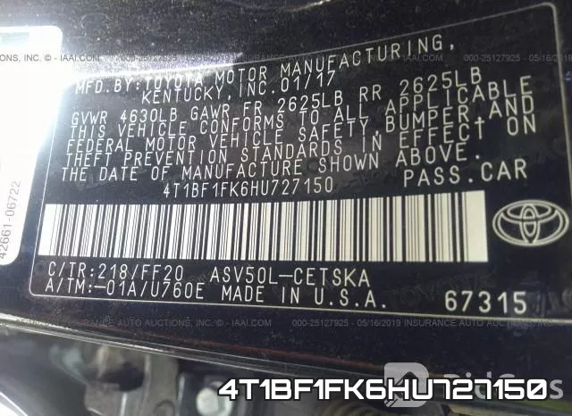 4T1BF1FK6HU727150 фото 10