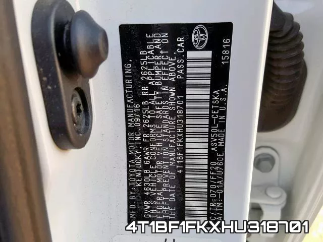 4T1BF1FKXHU318701 фото 2