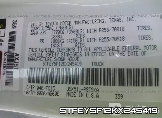 5TFEY5F12KX245419 фото 10