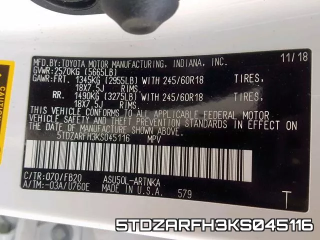 5TDZARFH3KS045116 фото 2