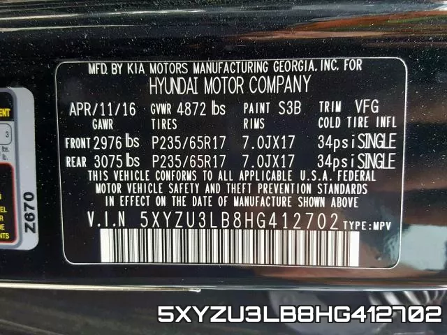 5XYZU3LB8HG412702 фото 2