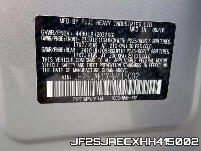JF2SJAECXHH415002 фото 2