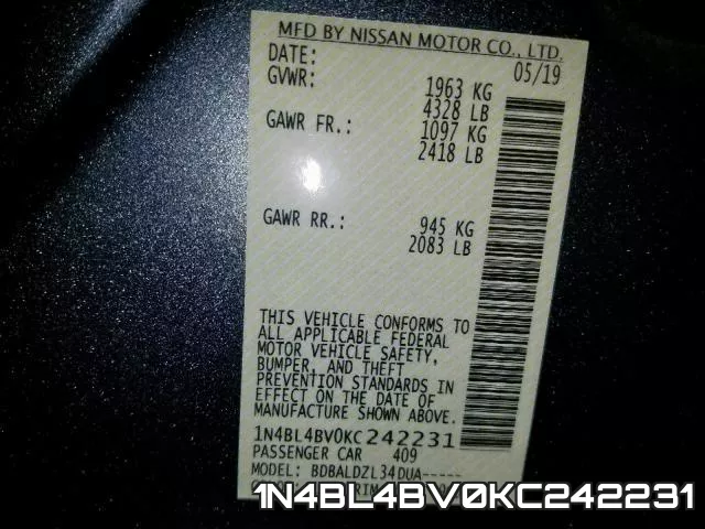 1N4BL4BV0KC242231 фото 2