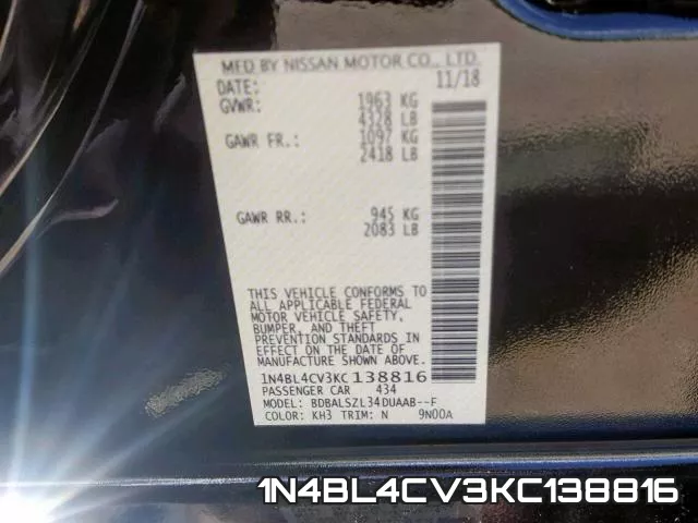 1N4BL4CV3KC138816 фото 2