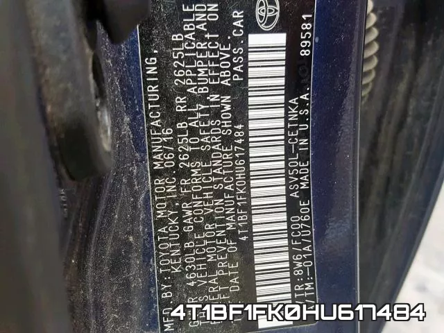 4T1BF1FK0HU617484 фото 2