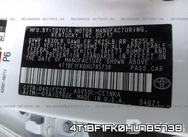 4T1BF1FK0HU785738 фото 10