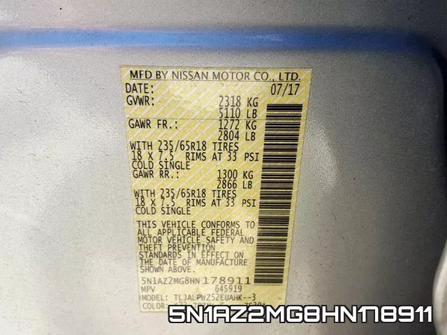 5N1AZ2MG8HN178911 фото 2