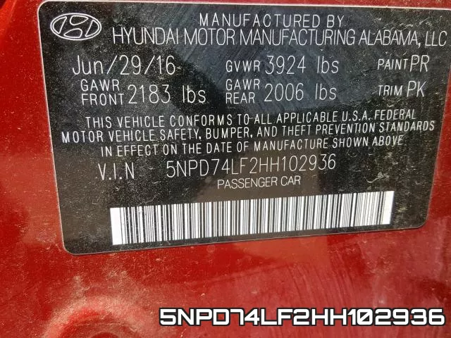5NPD74LF2HH102936 фото 2