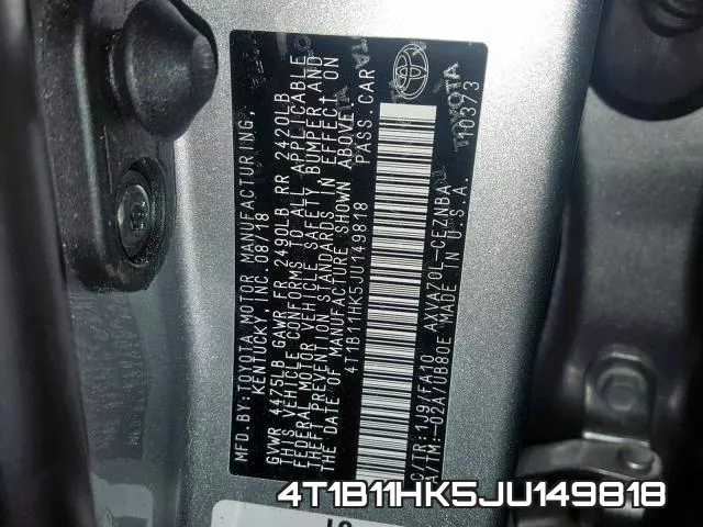 4T1B11HK5JU149818 фото 2