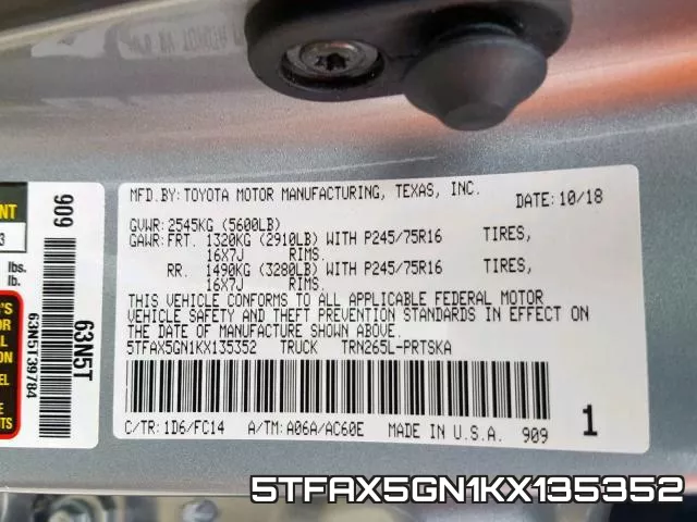 5TFAX5GN1KX135352 фото 2