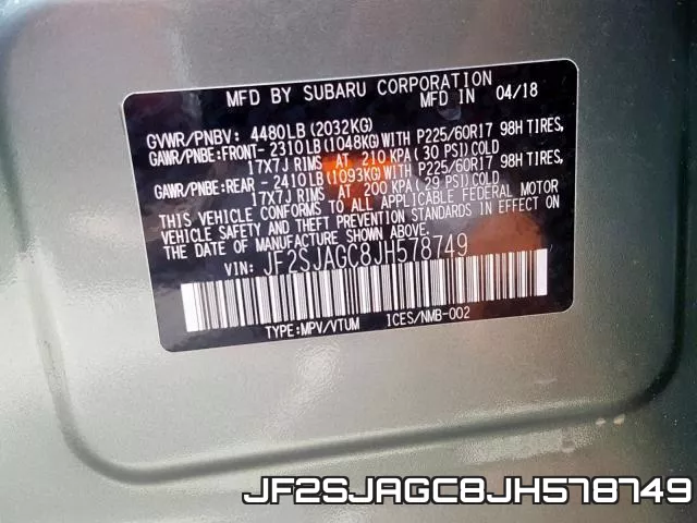 JF2SJAGC8JH578749 фото 2