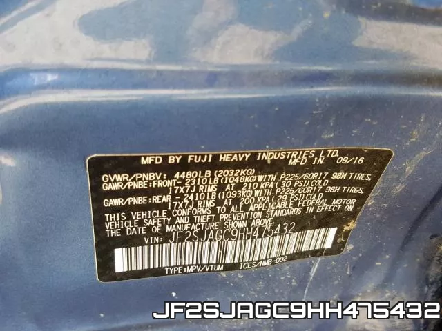 JF2SJAGC9HH475432 фото 2