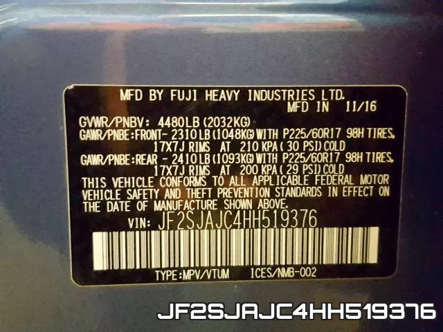 JF2SJAJC4HH519376 фото 2