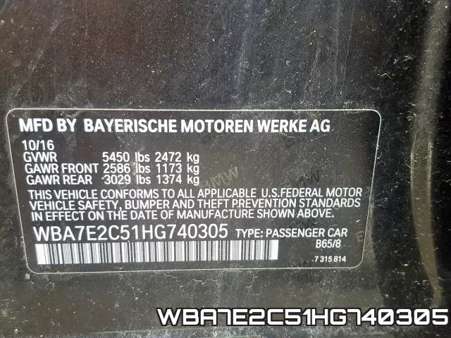 WBA7E2C51HG740305 фото 2