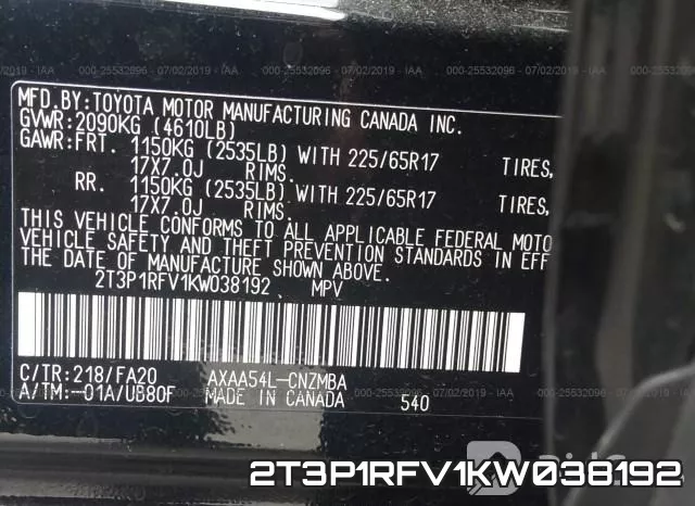 2T3P1RFV1KW038192 фото 10