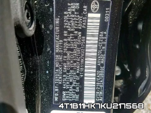 4T1B11HK7KU217568 фото 2