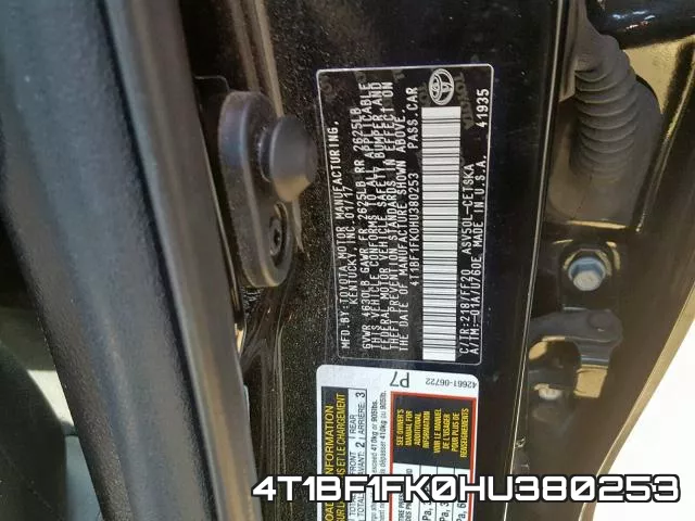 4T1BF1FK0HU380253 фото 2