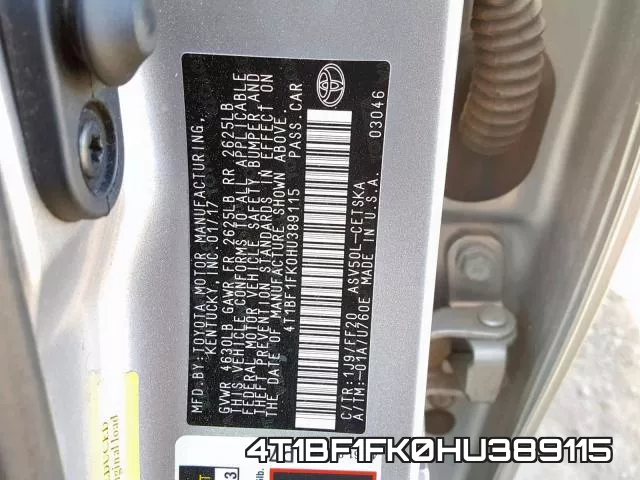 4T1BF1FK0HU389115 фото 2