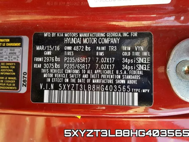 5XYZT3LB8HG403565 фото 2