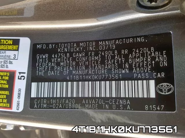 4T1B11HK0KU773561 фото 2