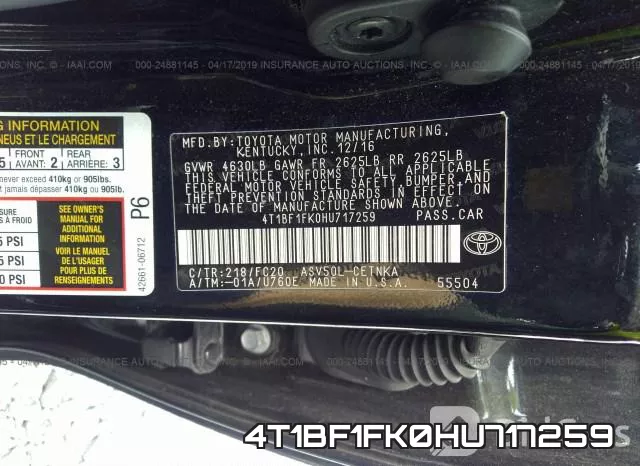 4T1BF1FK0HU717259 фото 10