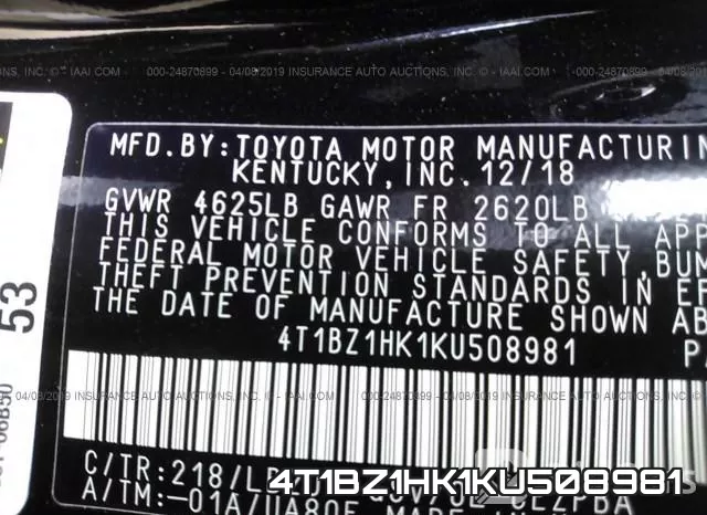 4T1BZ1HK1KU508981 фото 10