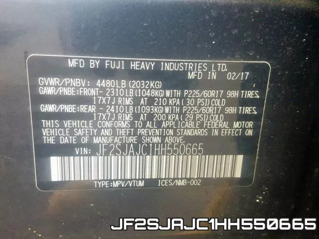 JF2SJAJC1HH550665 фото 2