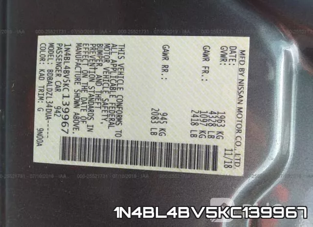 1N4BL4BV5KC139967 фото 10