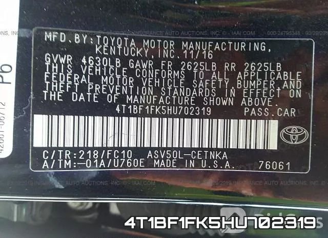 4T1BF1FK5HU702319 фото 10