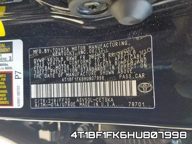 4T1BF1FK6HU807998 фото 2