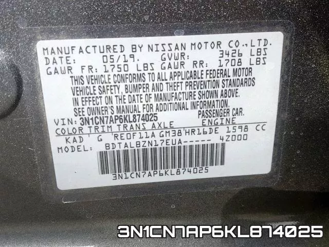 3N1CN7AP6KL874025 фото 2