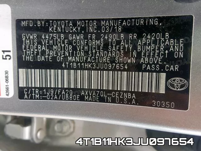 4T1B11HK3JU097654 фото 2