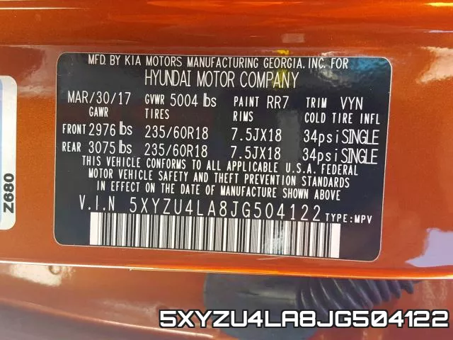 5XYZU4LA8JG504122 фото 2