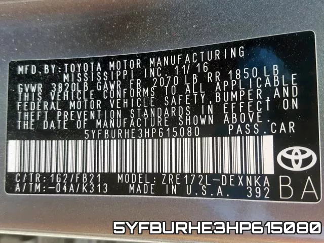5YFBURHE3HP615080 фото 2