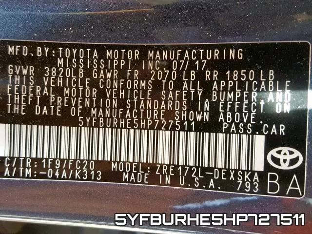 5YFBURHE5HP727511 фото 2