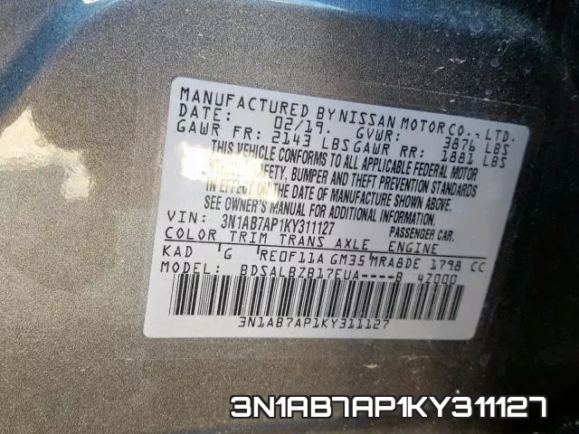 3N1AB7AP1KY311127 фото 2