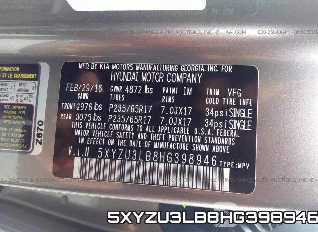 5XYZU3LB8HG398946 фото 10