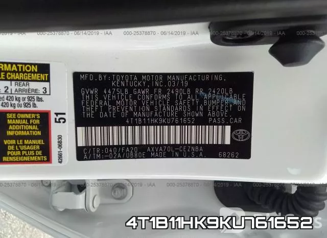 4T1B11HK9KU761652 фото 10