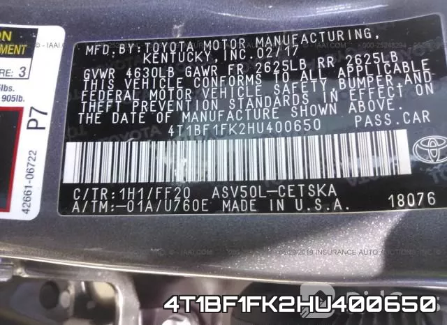 4T1BF1FK2HU400650 фото 10