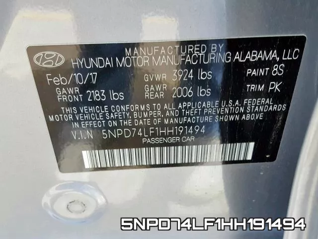 5NPD74LF1HH191494 фото 2