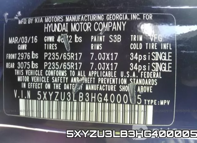 5XYZU3LB3HG400005 фото 10