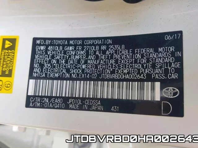 JTDBVRBD0HA002643 фото 2