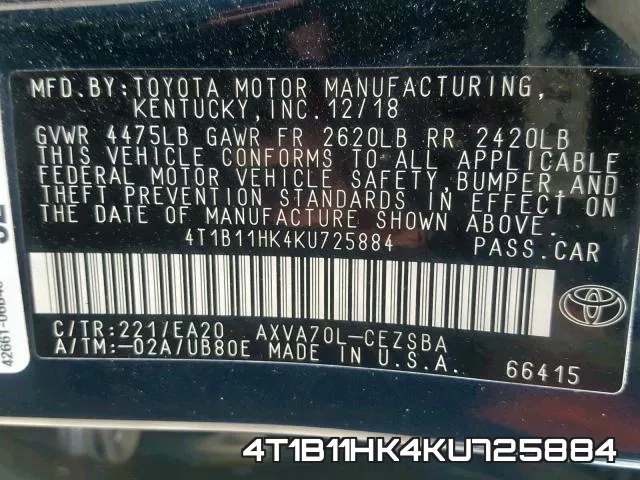 4T1B11HK4KU725884 фото 2