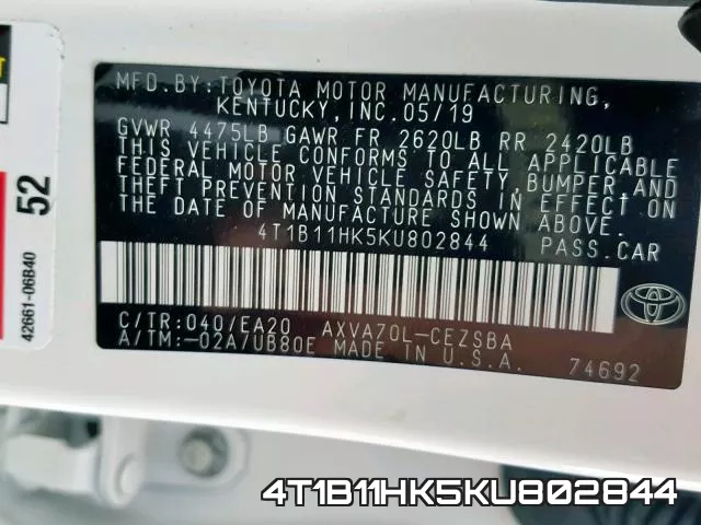 4T1B11HK5KU802844 фото 2