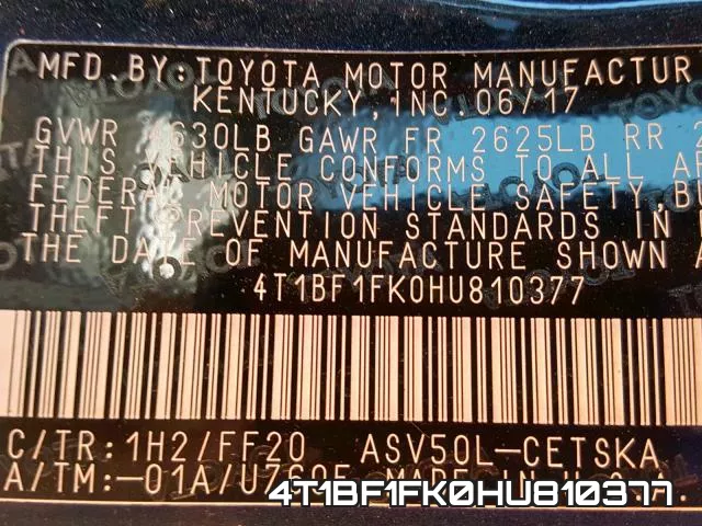 4T1BF1FK0HU810377 фото 2