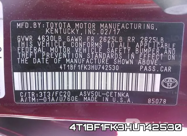 4T1BF1FK3HU742530 фото 9